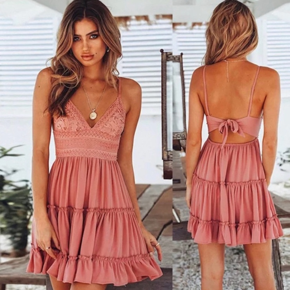 Pink Spaghetti Strap Backless Bow Knot Beach Dress - Picture 1 of 5